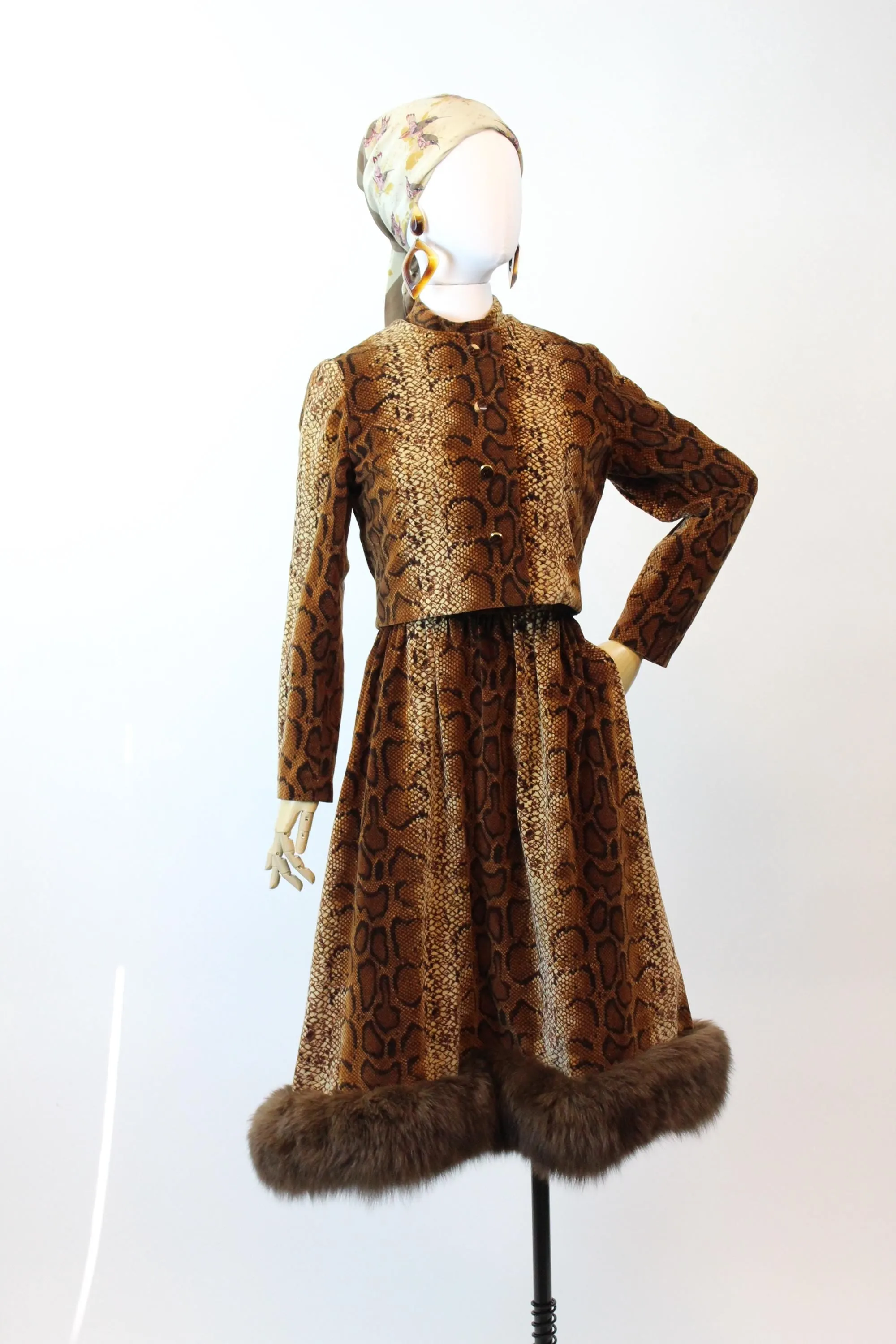 1960s LISA MERIL fur SNAKESKIN print dress and jacket small | new fall winter