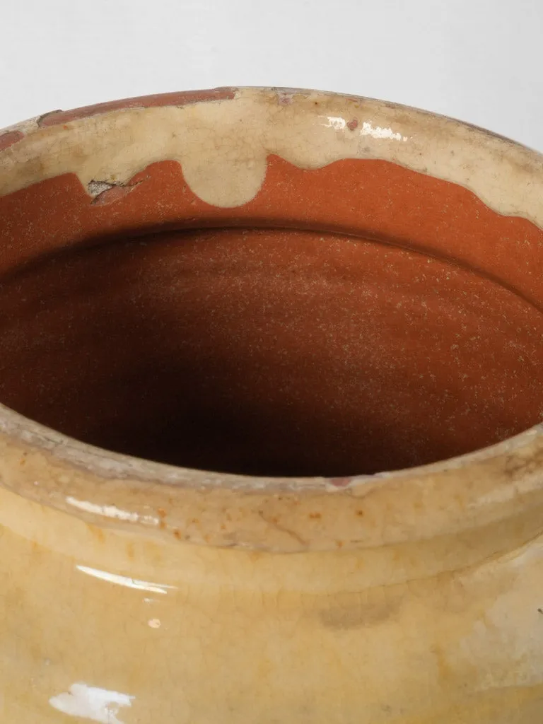 19th-century yellow French confit pot w/ brown glaze interior & no handles 8"