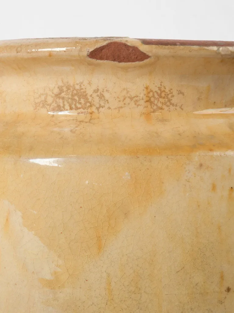 19th-century yellow French confit pot w/ brown glaze interior & no handles 8"