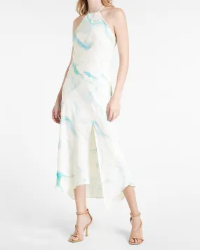 Abstract Marble Print Satin Asymmetrical Hem Maxi Slip Dress in White Print