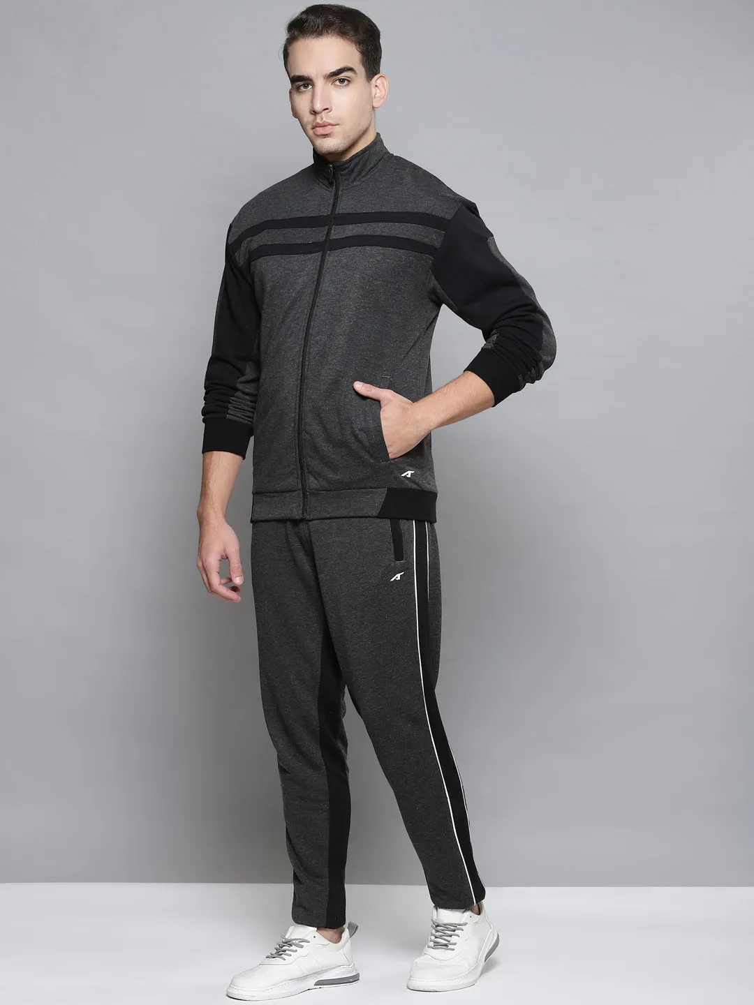 Alcis Men Charcoal Grey Black Colourblocked Tracksuit