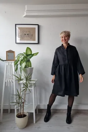 All Black Linen Oversized Mini Shirt Dress