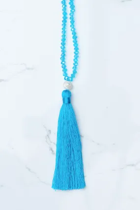 Aqua Beaded Pearl Tassel Necklace