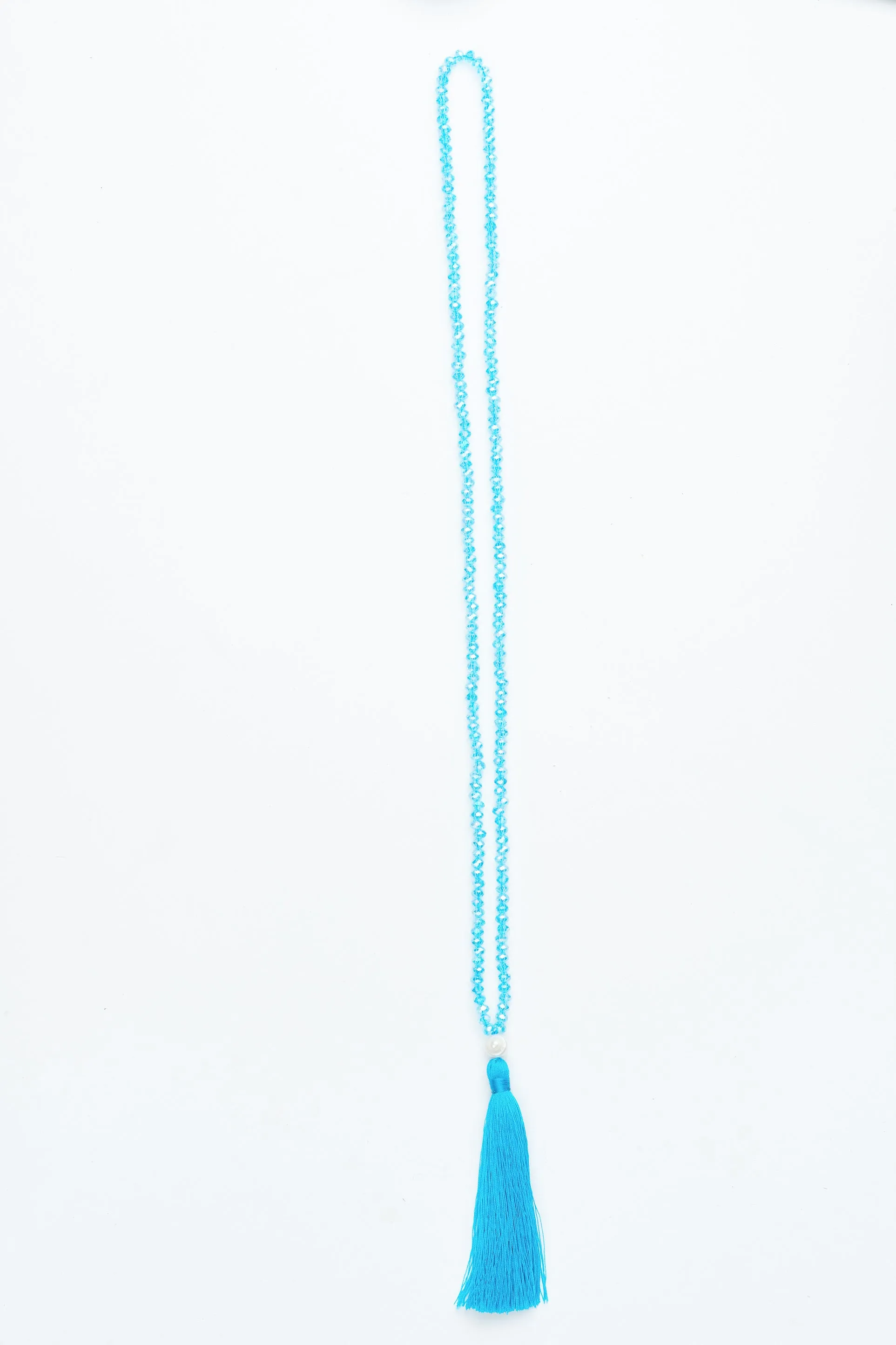 Aqua Beaded Pearl Tassel Necklace