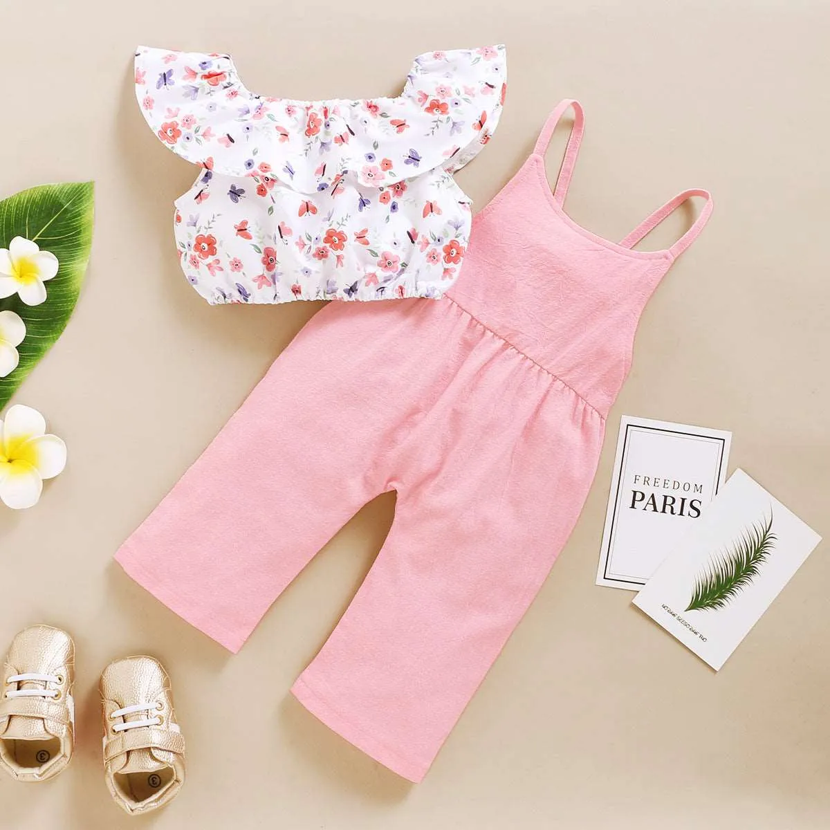 Baby Girl Floral Sleeveless Top and Solid Color Suspender Pants Two-piece Outfit Set