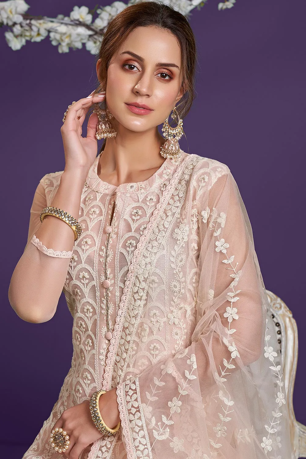 Baby Peach Lucknowi Chikankari Embroidered Pant Style Suit