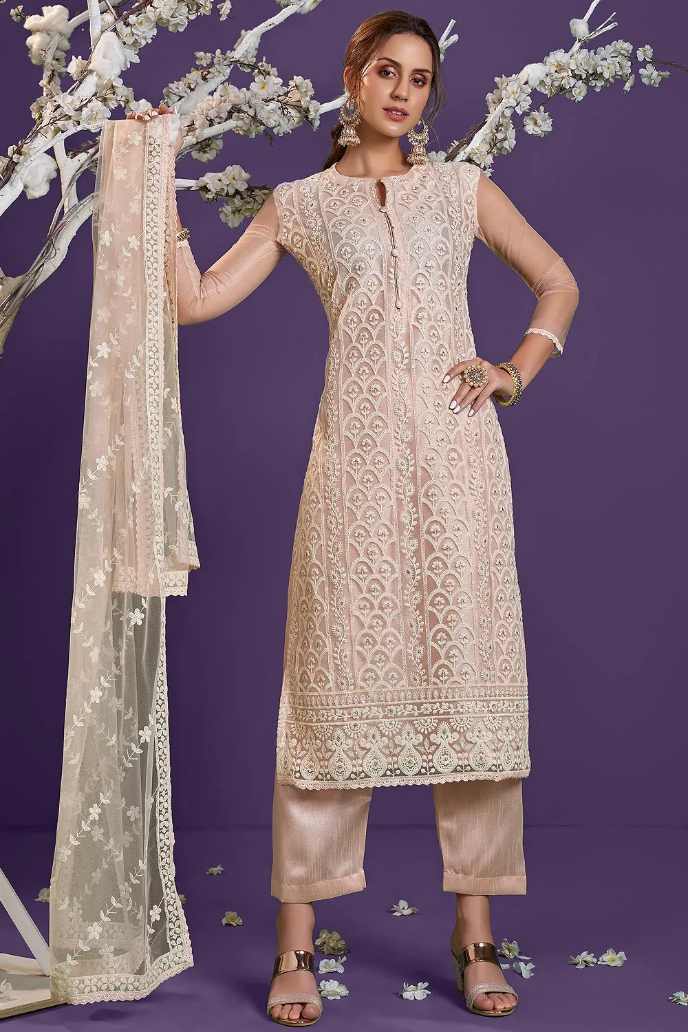 Baby Peach Lucknowi Chikankari Embroidered Pant Style Suit