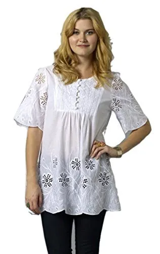 Bacci Clothing - Nadia, Peasant Blouse, Short Sleeve Button Front, Knitted Accents