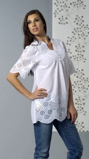 Bacci Clothing - Nicole, Peasant Blouse, Short Sleeve Button Front, Knitted Accents