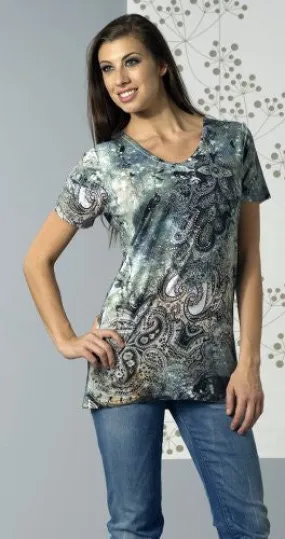 Bacci Clothing - Zena, Rhinestones, Sublimation, Short Sleeve Crew Neck Top