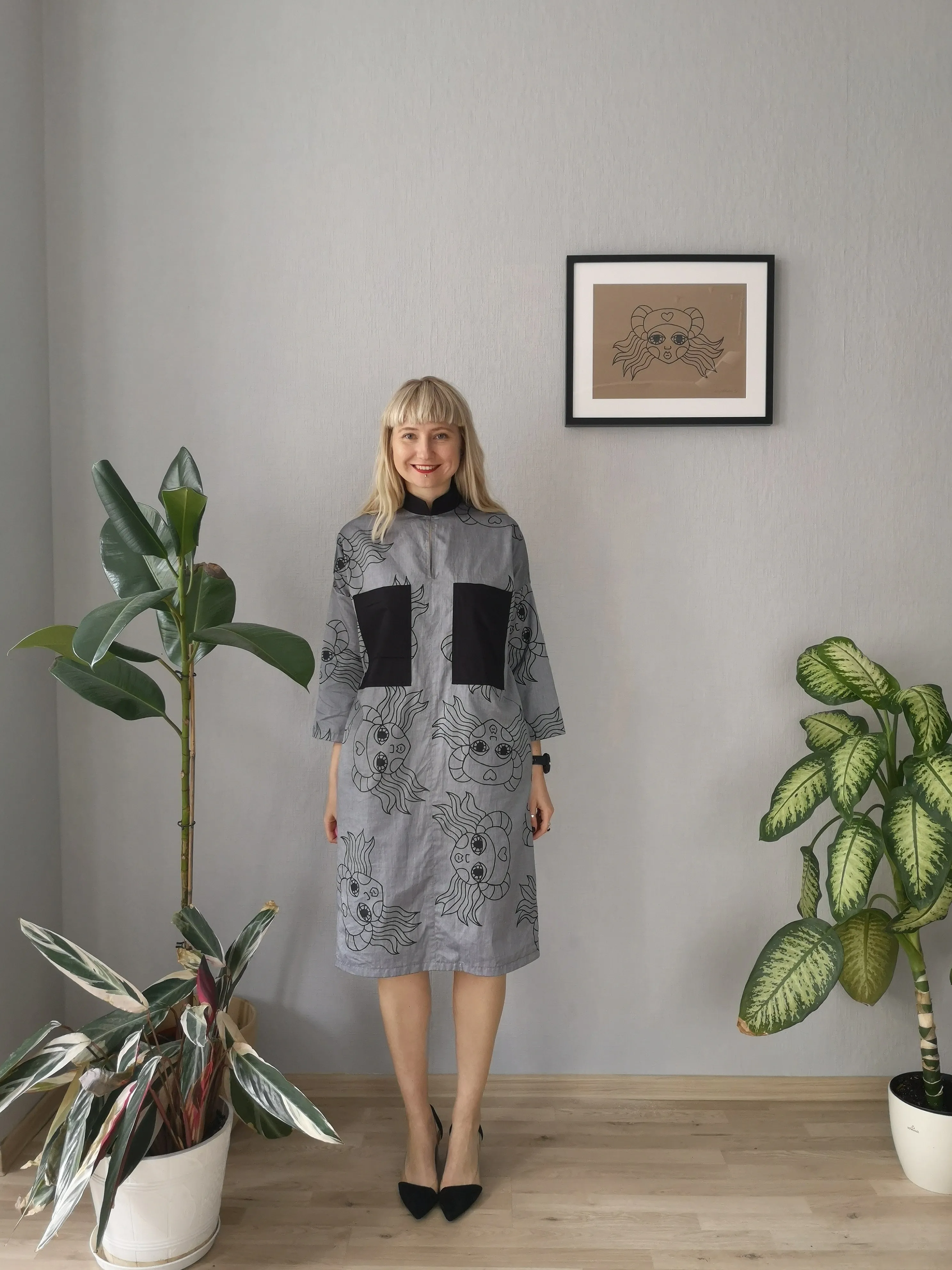 Beautiful, Comfortable, Versatile Oversized Shirt Dress "Bell Hooks" made in Grey Lāčplēsene patterned Cotton fabric. 