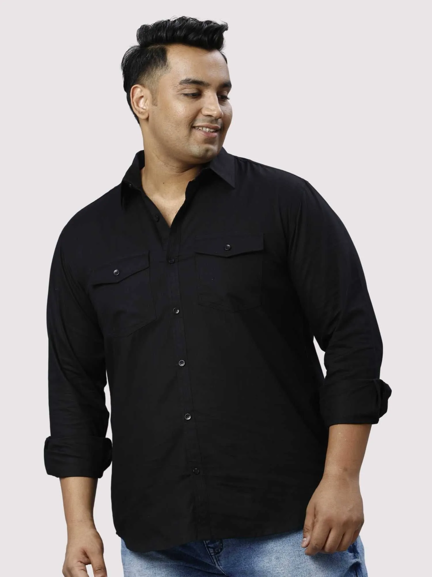 Black Cotton Double Pocket Full Sleeve Shirt Men's Plus Size