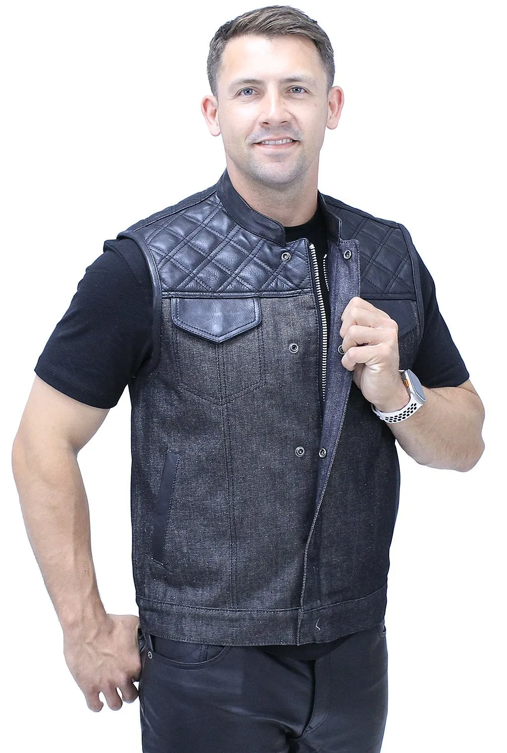 Black Denim Leather Quilt Concealed Pockets Club Vest #VM6676DGQK