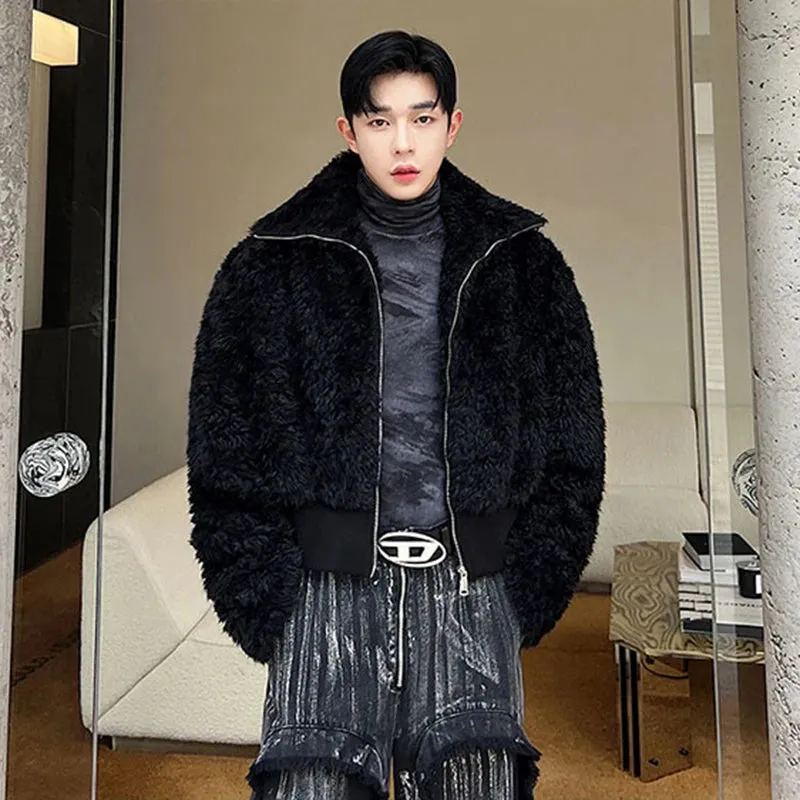 Black Fur Woolen Zipper Jacket