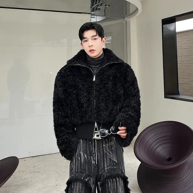 Black Fur Woolen Zipper Jacket