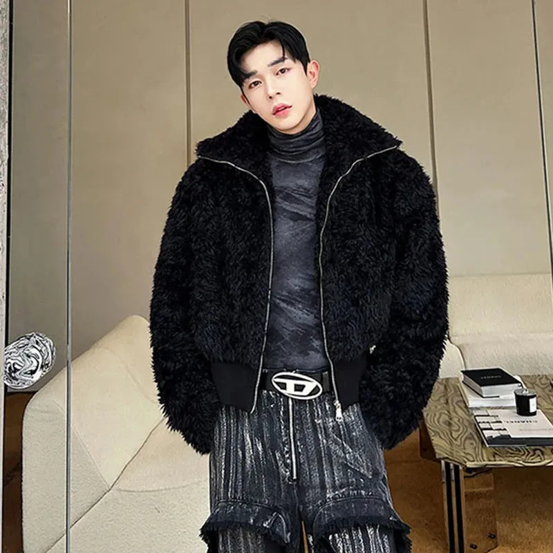 Black Fur Woolen Zipper Jacket