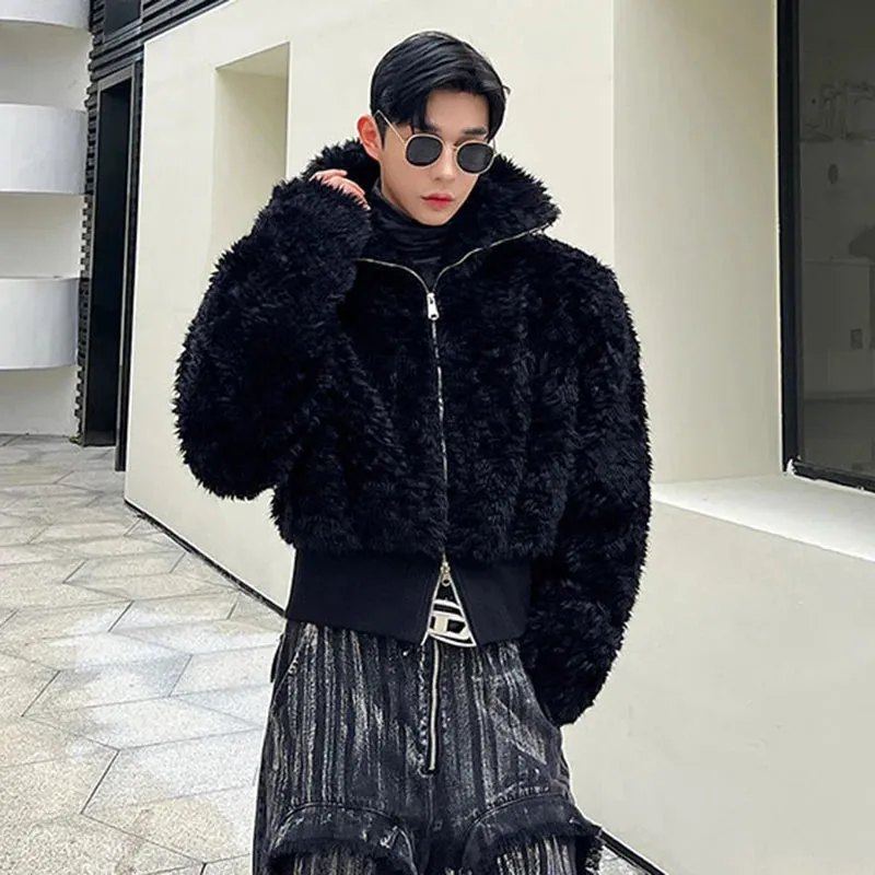 Black Fur Woolen Zipper Jacket