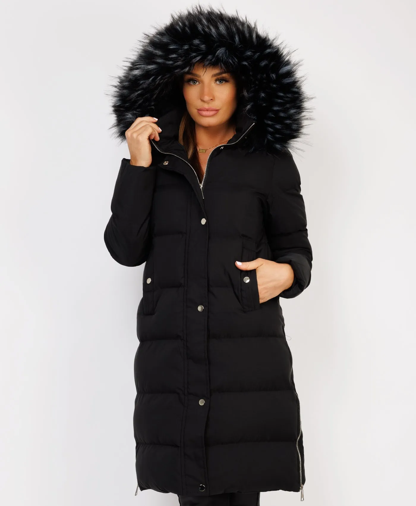 Black Maxi Faux Fur Hood Padded Puffer Jacket