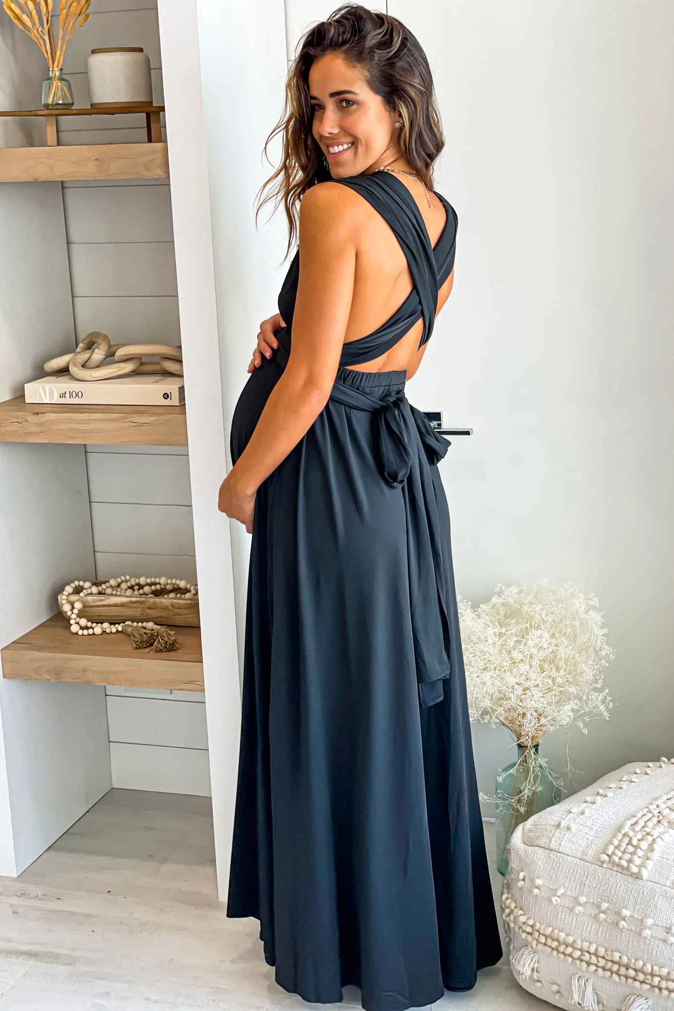 Black Multi Tie Maternity Maxi Dress