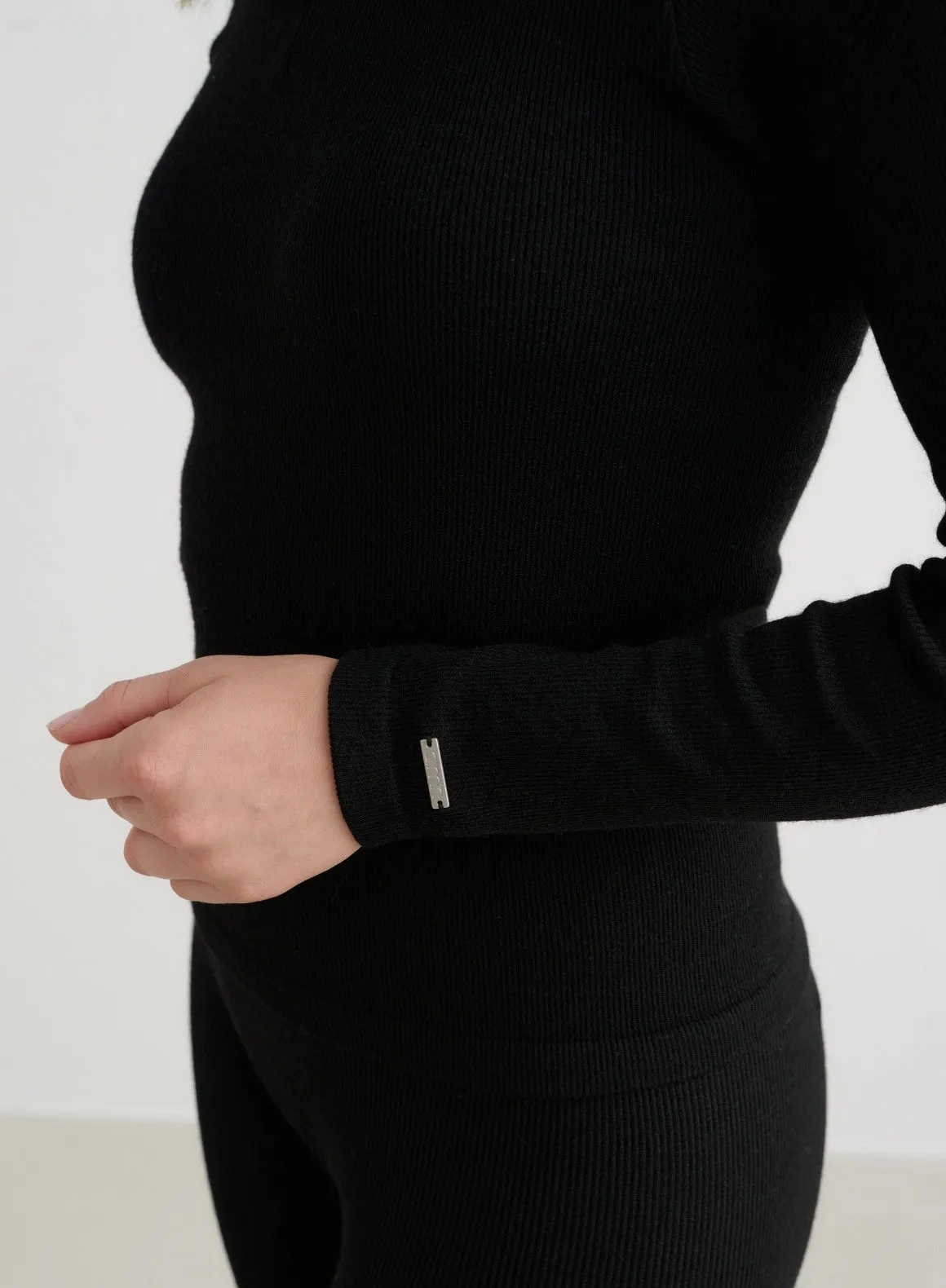 Black Ribbed Wool Half Zip