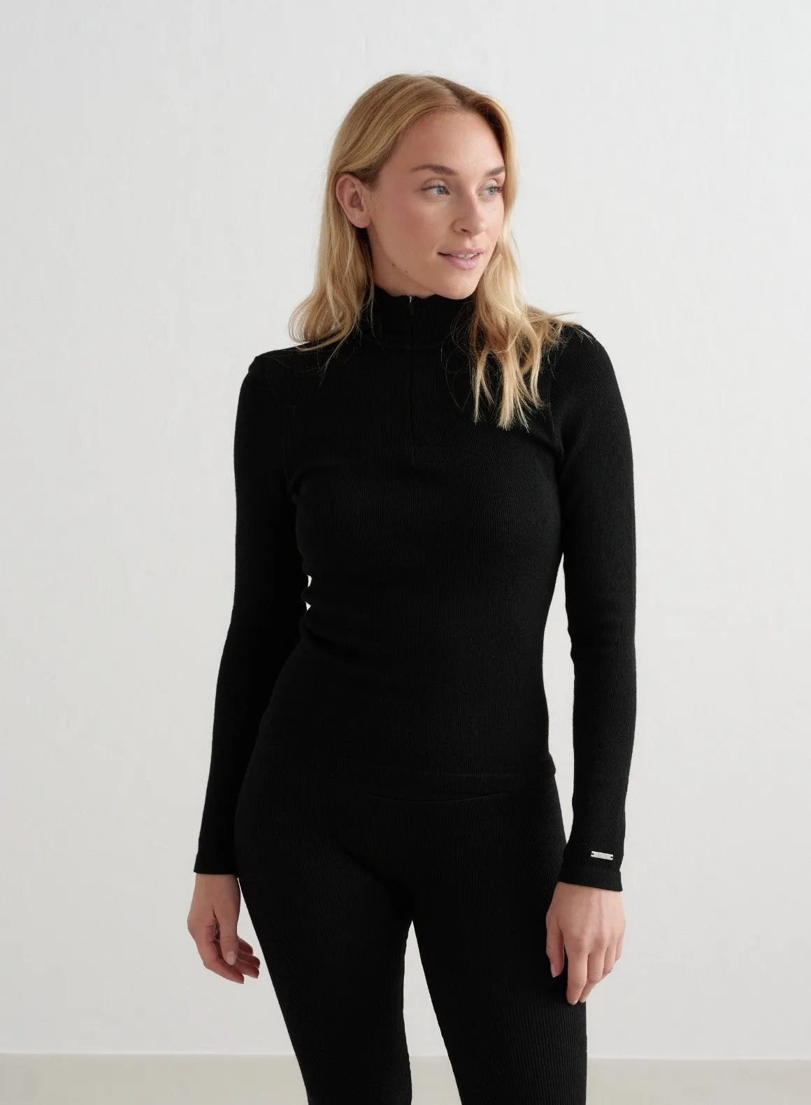 Black Ribbed Wool Half Zip