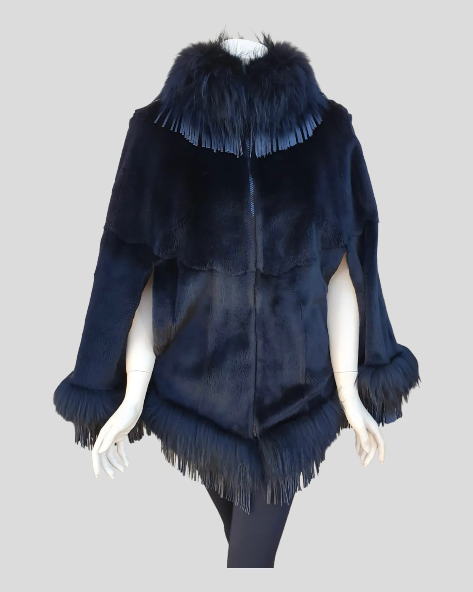 Black Sheared Mink Fur Cape w/ Raccoon Fur Trim & Leather Tassles -M