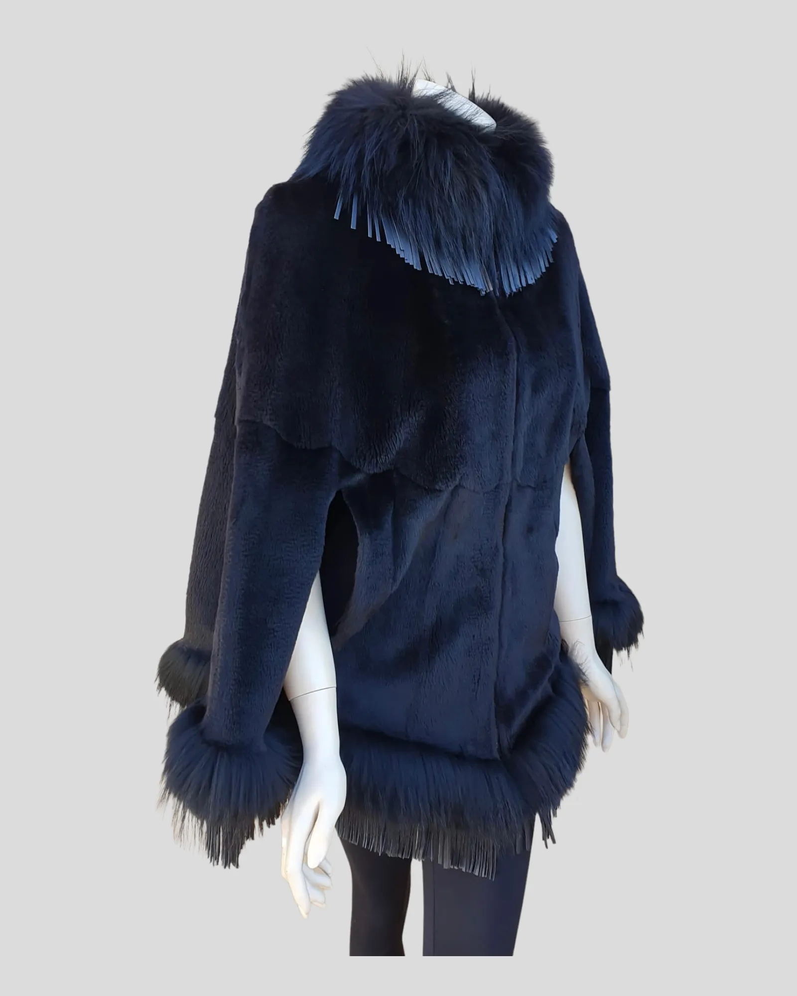 Black Sheared Mink Fur Cape w/ Raccoon Fur Trim & Leather Tassles -M