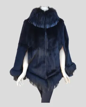 Black Sheared Mink Fur Cape w/ Raccoon Fur Trim & Leather Tassles -M