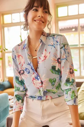 Blue Pink Floral Viscose Shirt Blouse, Blouse Vintage, Floral Pattern Blouse, Gift For Her, Collar Blouse, Viscose Blouse, Boho Blouse