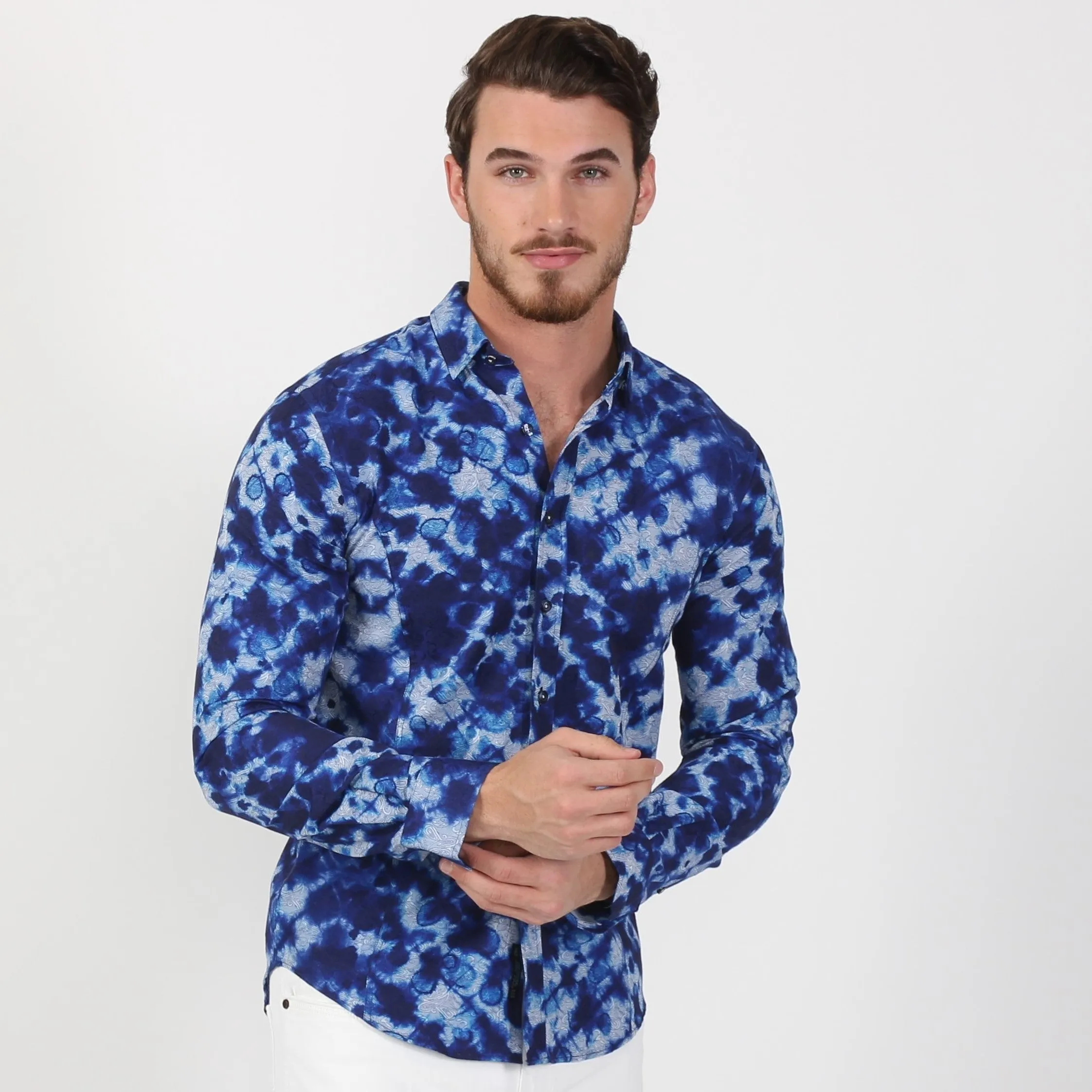 Blue Tie Dye Jacquard Paisley Button Down Shirt