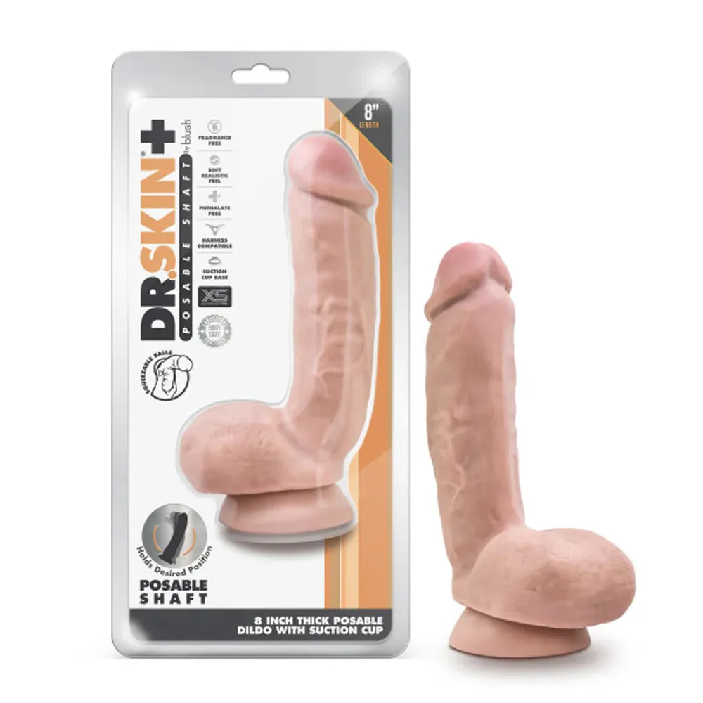 Blush Dr. Skin Plus Thick 8 in. Triple Density Posable Dildo with Balls & Suction Cup