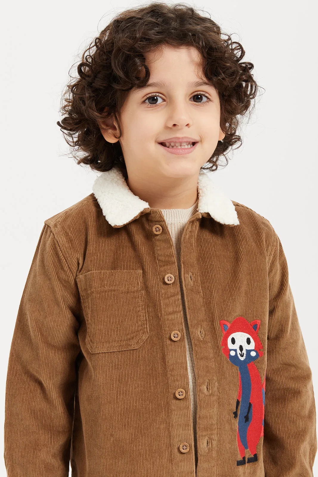 Boys Brown Cord Long Sleeve Shirt With Fur Collar