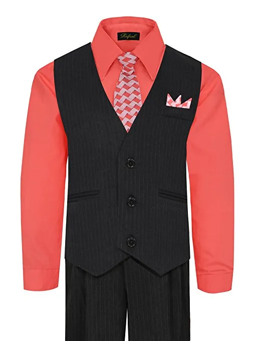 Boys Vest Pants Pinstriped 5 Piece Set With Shirt And Tie - Melon