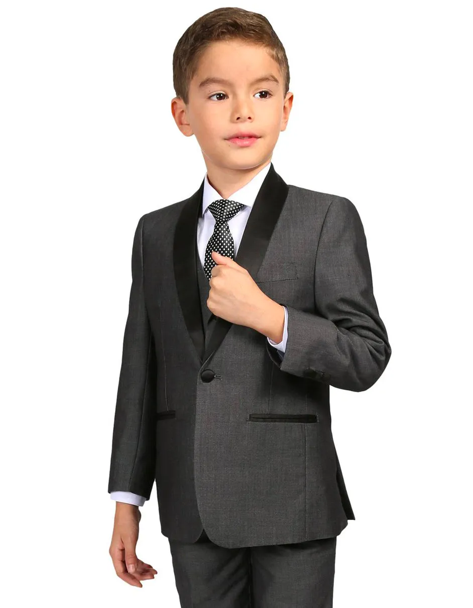 Boys Vested Shawl Collar Wedding Tuxedo in Charcoal Grey