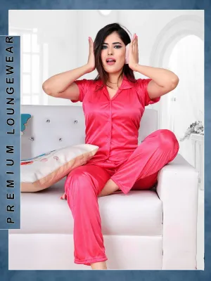 Bright Pink Satin Night Suit Wear Set for Ladies