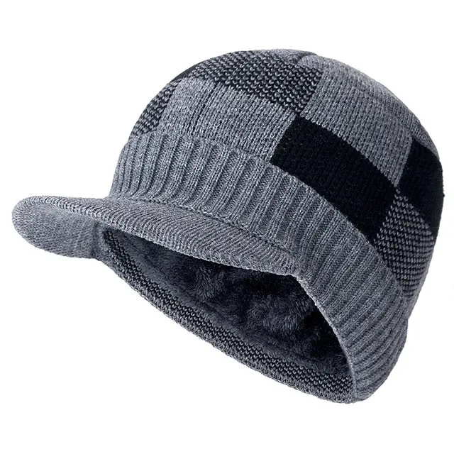 Brim Stylish Fur Lined Soft Beanie Lattice Design Thick Outdoor Knitted Woolen Warm Winter Cap