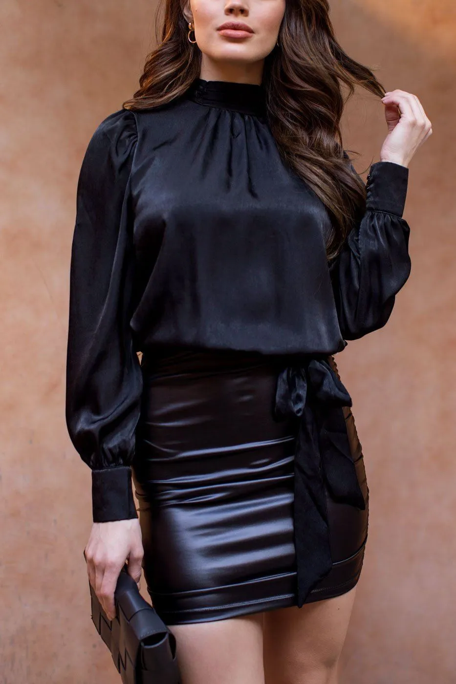 By Moonlight Black Satin Long Sleeve Top