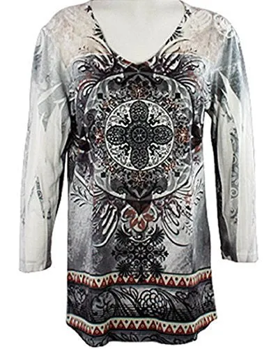 Cactus Fashion - Destiny, Lace Shoulders, Rhinestones, Printed Burnout Top