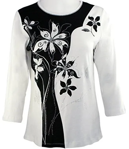 Cactus Fashion - Solid Flower, 3/4 Sleeve Scoop Neck Cotton Print Rhinestone Top