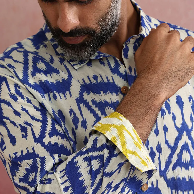 Cambric Cotton Ikat Shirt for Men | Blue & White | Full Sleeves