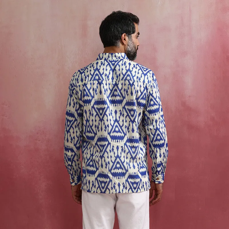 Cambric Cotton Ikat Shirt for Men | Blue & White | Full Sleeves