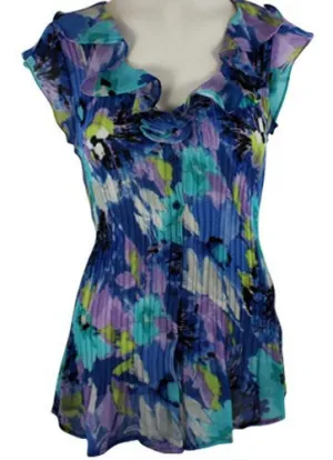 Cathaya Cap Sleeve, Pleated Floral Print with a V-Neck Ruffle Collar