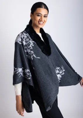 Charcoal Melange Knitted Fine Wool Cape with Lt. Grey Flower Embroidery & a Black Fur Collar