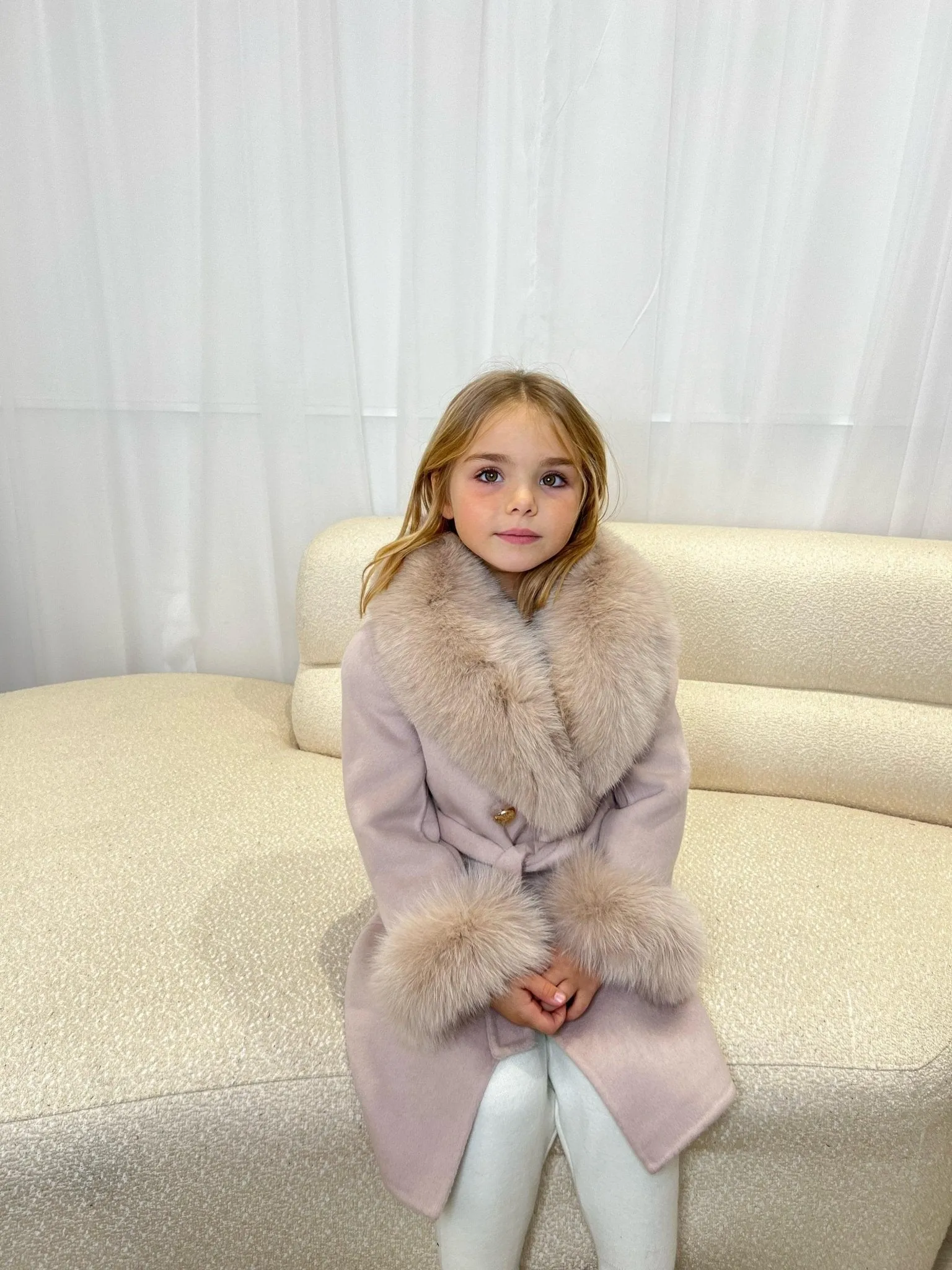 Childrens Latte Luxury Fur Cashmere Coat