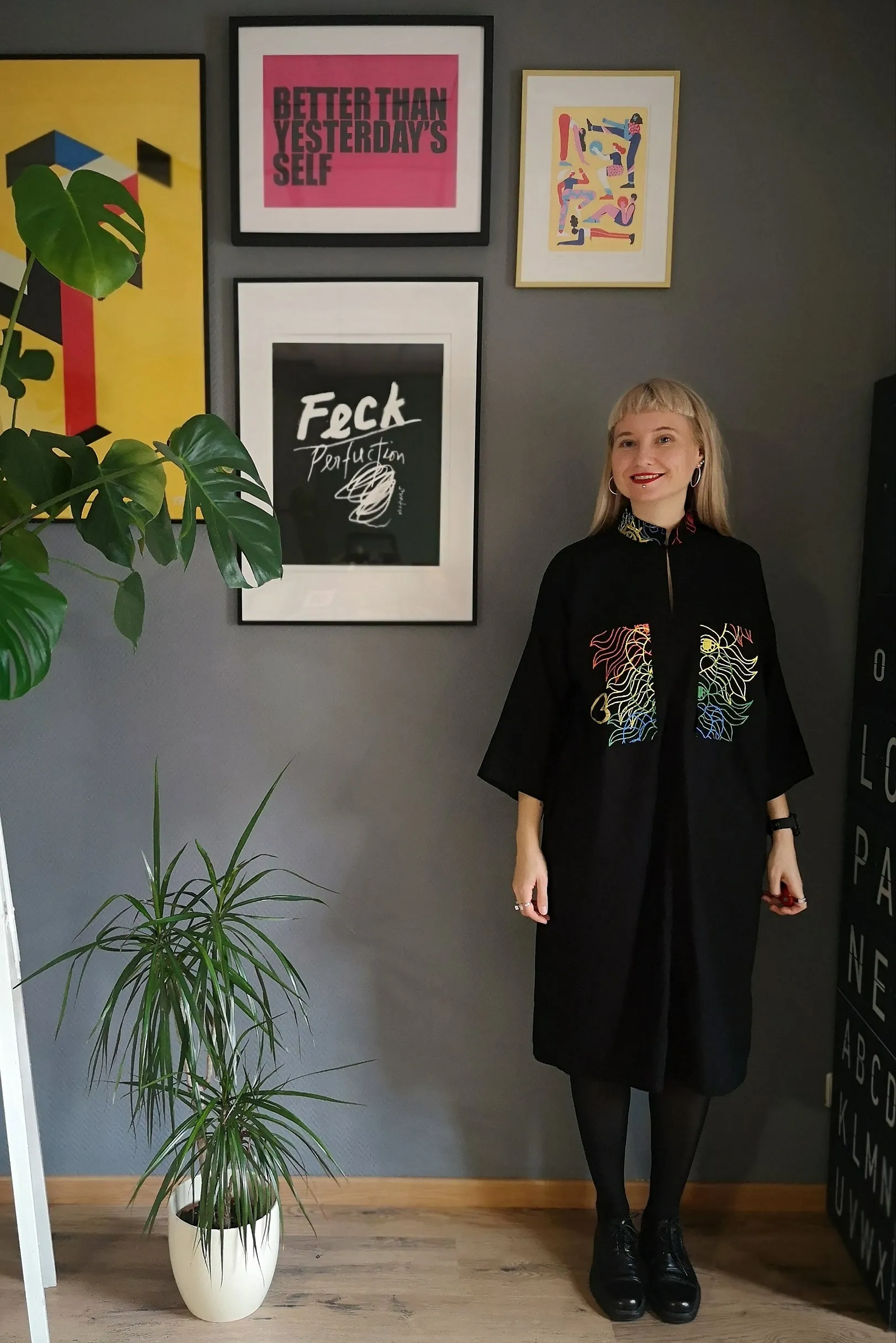 Cool, Comfortable, Versatile Simple Cut Oversized Shirt Dress "Bell Hooks" made in Black Linen Blend fabric with Rainbow  Lāčplēsene patterned Linen details. 