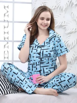 Cotton Printed Blue Night Suit Set for Women