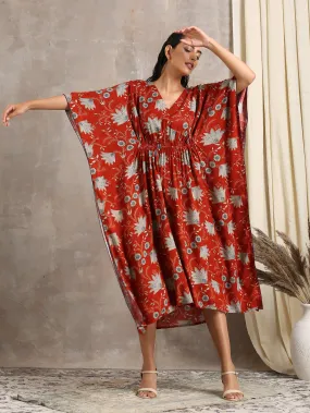 Cotton Rust Brown Floral Printed Kaftan