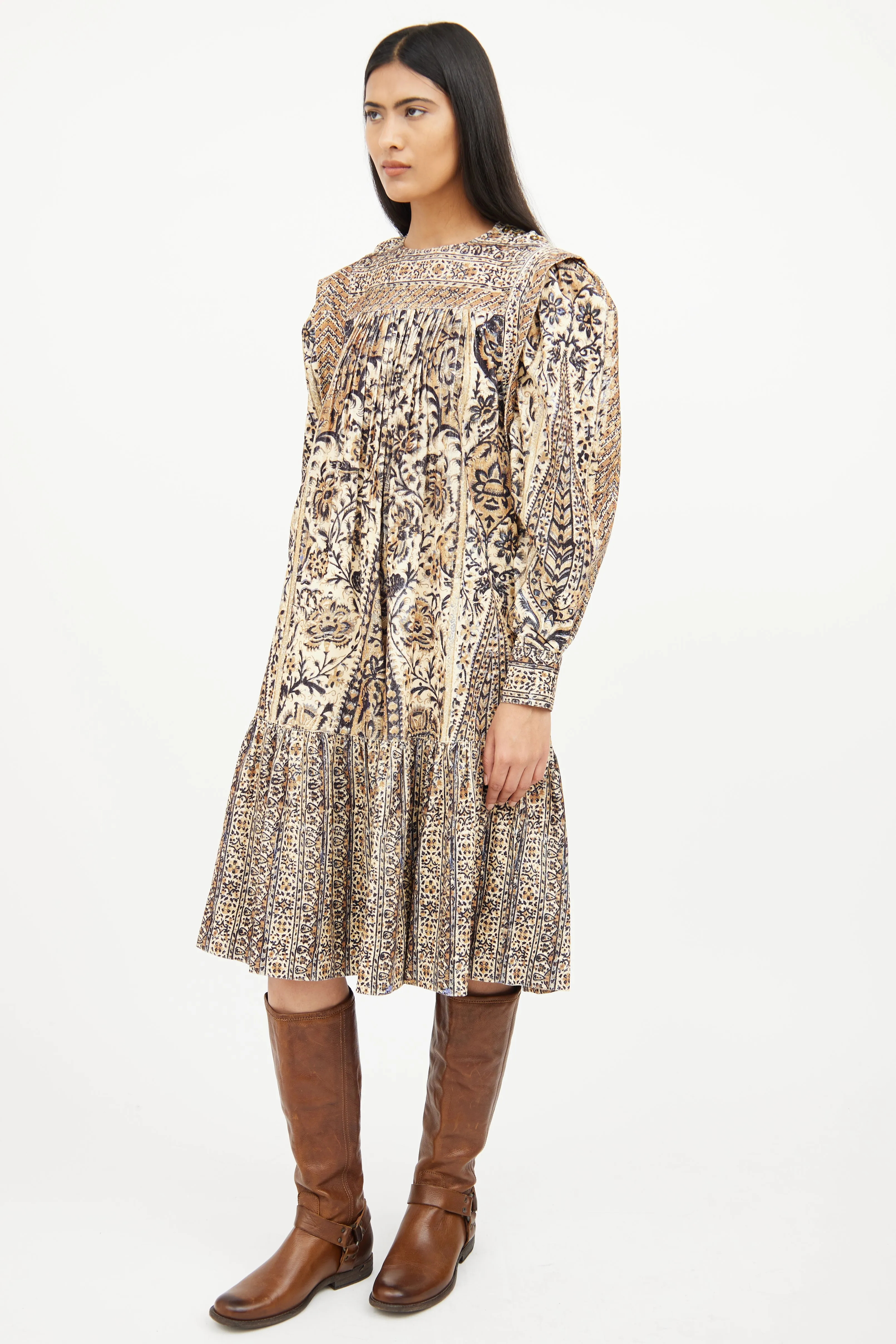 Cream Print Corduroy Dress