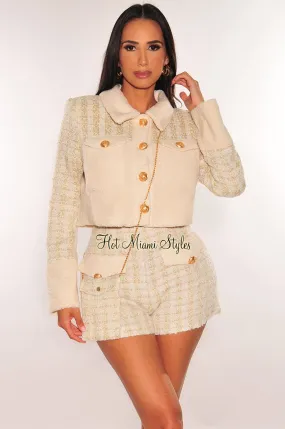 Cream Tweed Fur Collared Button Down Crop Long Sleeve Shorts Two Piece Set   Purse