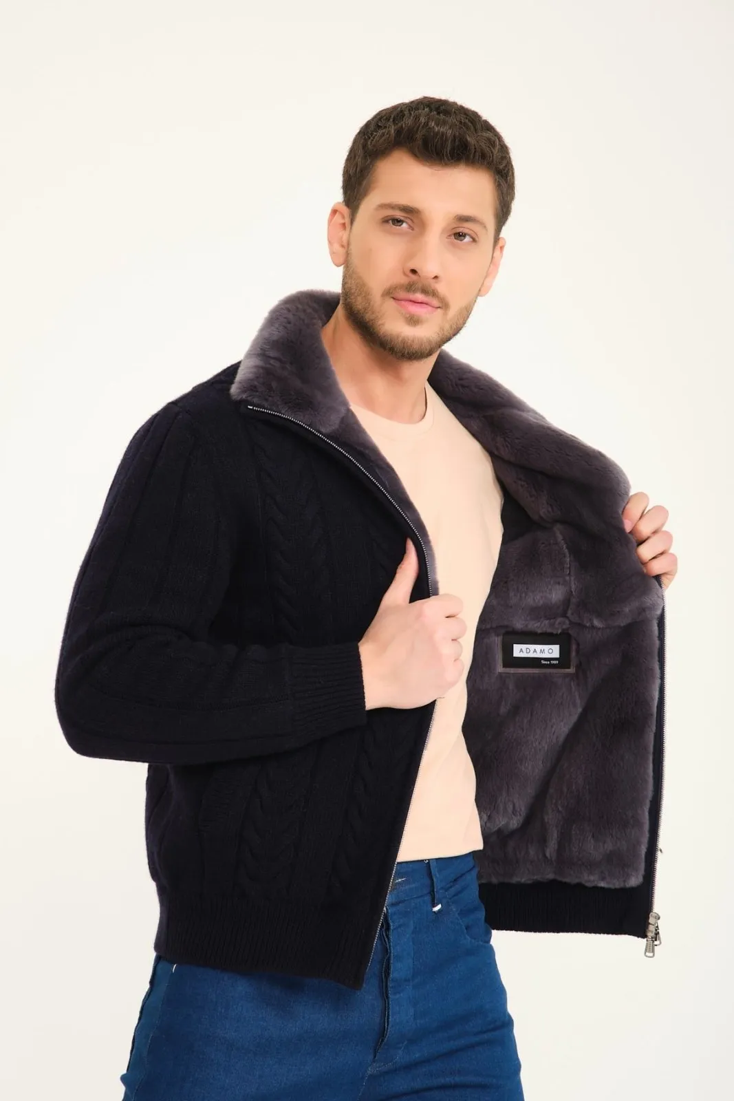 Dark Blue Wool & Rex Fur Knit Jacket